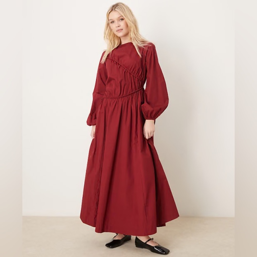 ASOS asymmetric ruched maxi dress in burgundy